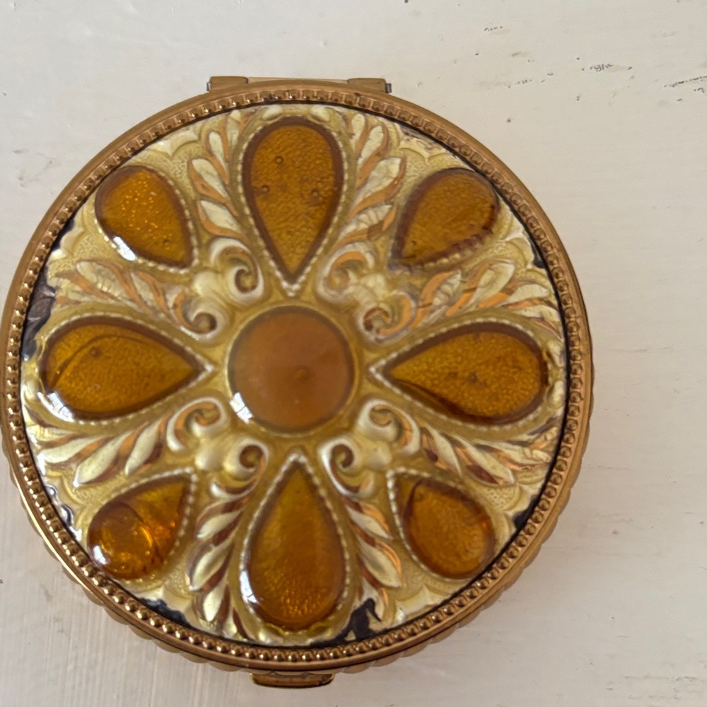 Vintage Compact Mirror with Amber-Colored Petals